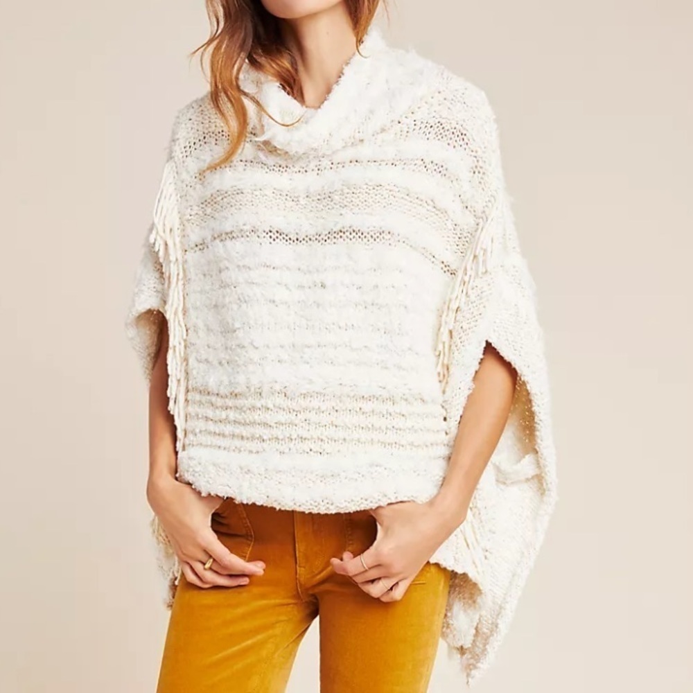 Anthropologie Marilyn Poncho Sweater Ivory White Fringe Mock Neck Size XS  / S